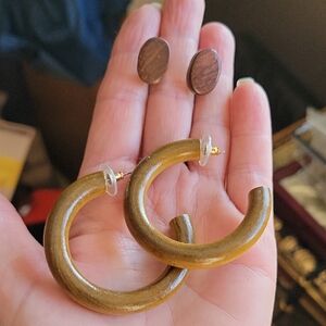 Vintage  Brown Wooden Hoop and Stud Earrings Set